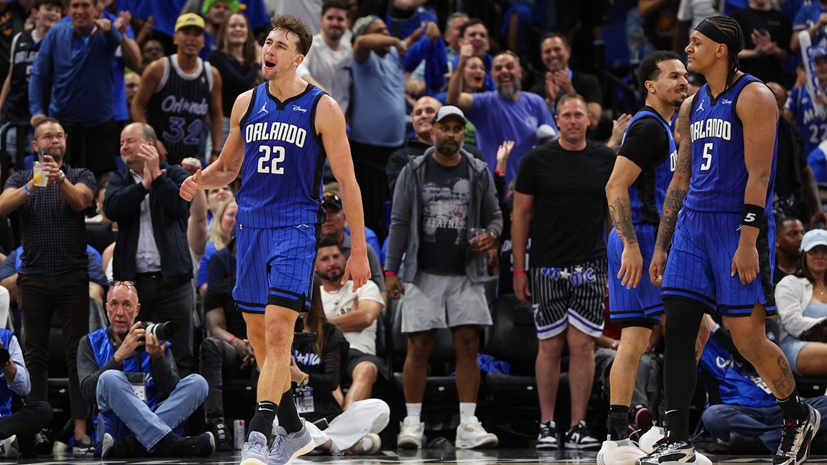 Orlando Magic forward Franz Wagner (22) reacts after a basket against the Cleveland Cavaliers in the fourth quarter during game four of the first round for the 2024 NBA playoffs at Kia Center. 
