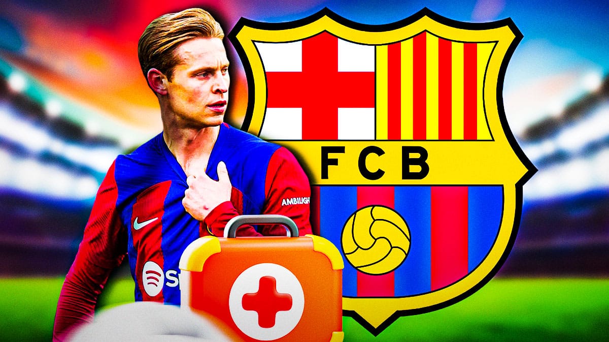 frenkie de jong looking down/injured in front of the FC Barcelona logo