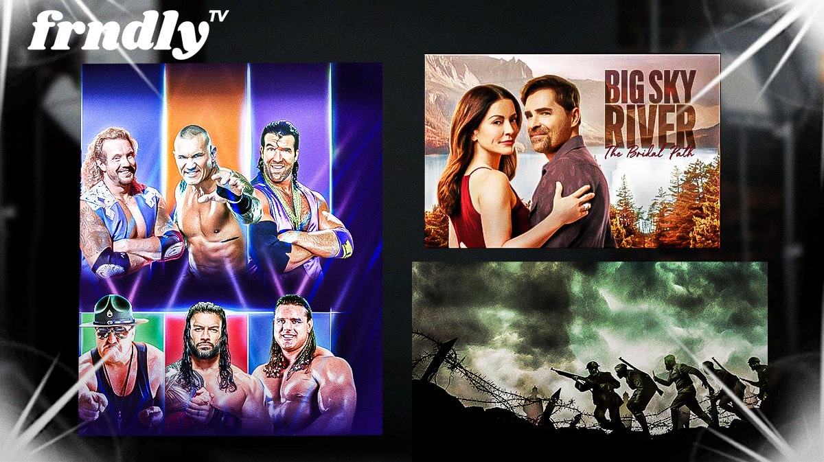 Frndly TV logo and the show posters for Biography: WWE Legends, the Hallmark movie Big Sky River: The Bridal Path, and the History Channel documentary The Great War