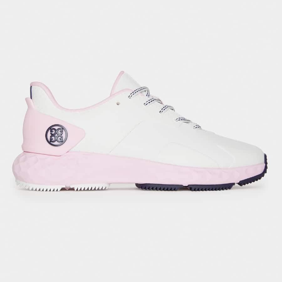 G/Fore Women's Perforated MG4+ Golf Shoe - Snow/Blush colorway on a light gray background.