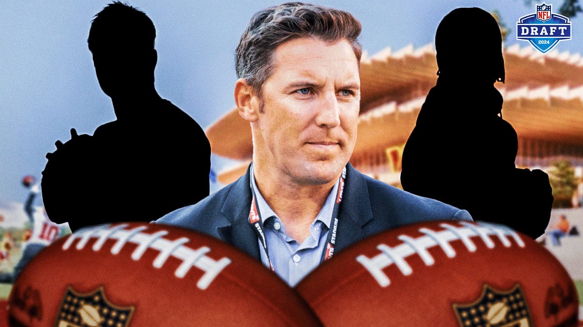 Washington Commanders GM Adam Peters, silhouettes of Jayden Daniels and Drake Maye.