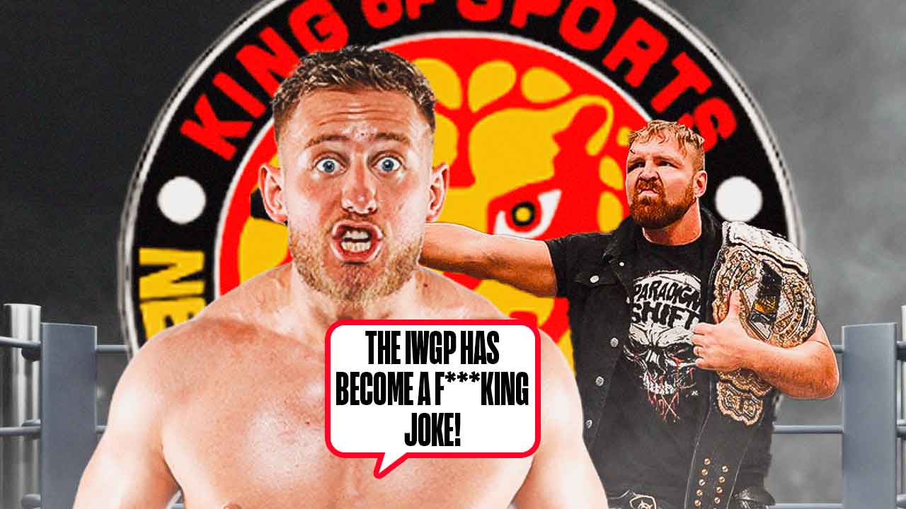 Gabe Kidd with a text bubble reading "The IWGP has become a f***ing joke!" next to Jon Moxley holding the IWGP World Heavyweight Championship with the New Japan Pro Wrestling logo as the background.