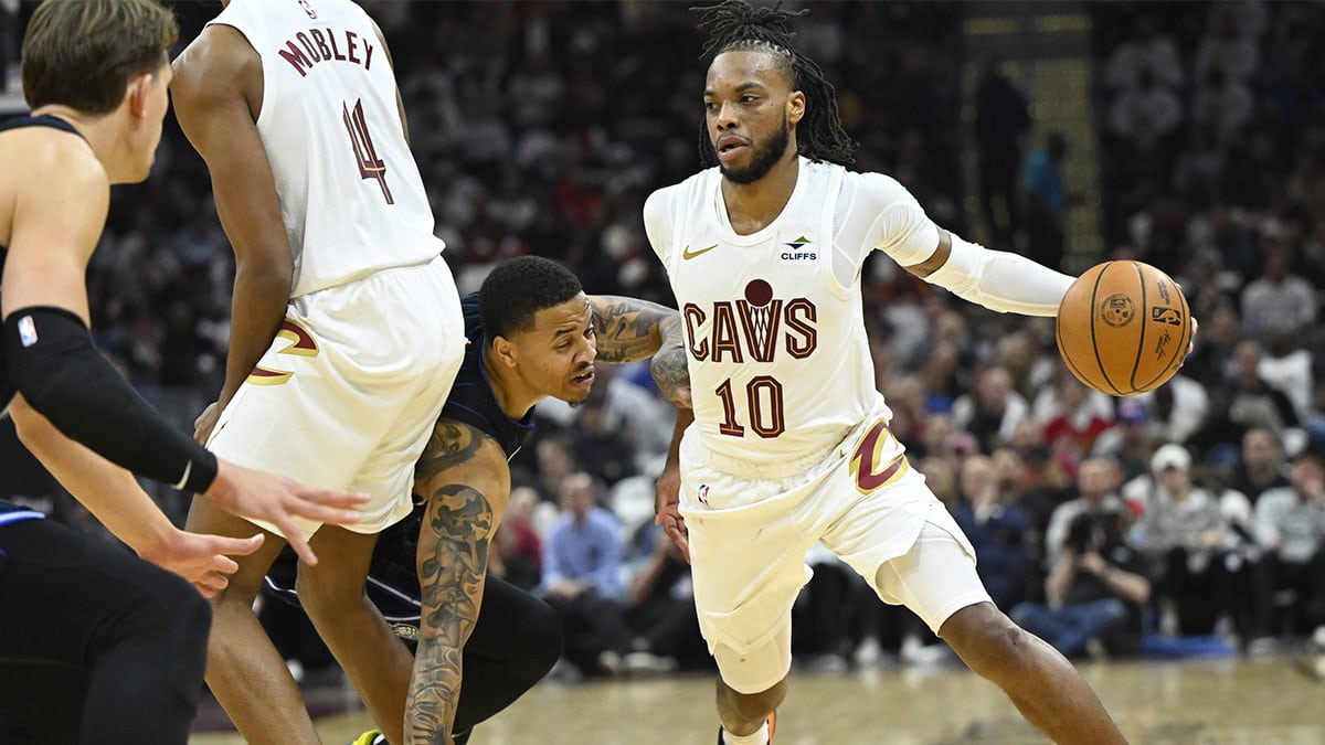 Cleveland Cavaliers guard Darius Garland (10) dribbles around Orlando Magic guard Markelle Fultz (20) in the second quarter during game one of the first round for the 2024 NBA playoffs at Rocket Mortgage FieldHouse. 