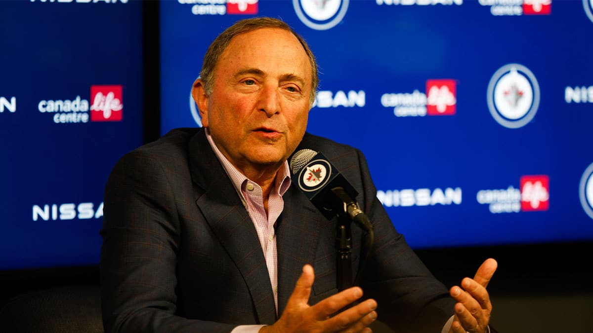 NHL Commissioner Gary Bettman talks to the press before the Winnipeg Jets vs St. Louis Blues game at Canada Life Centre.