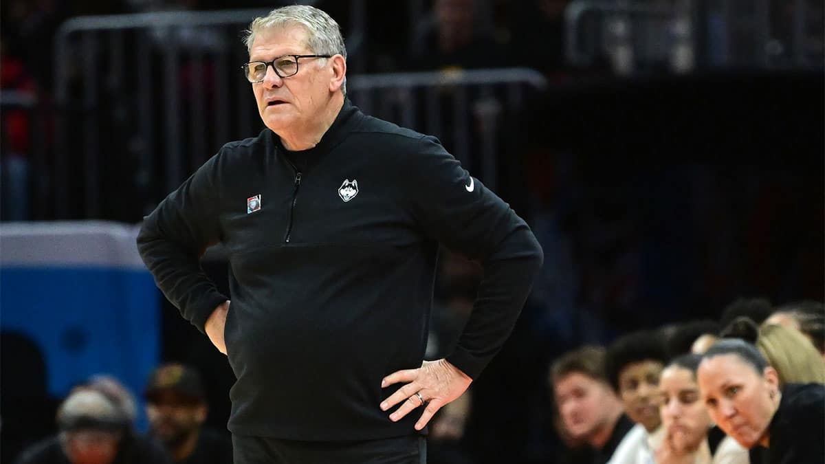 Connecticut Huskies head coach Geno Auriemma reacts against the Iowa Hawkeyes in the semifinals of the Final Four of the womens 2024 NCAA Tournament.
