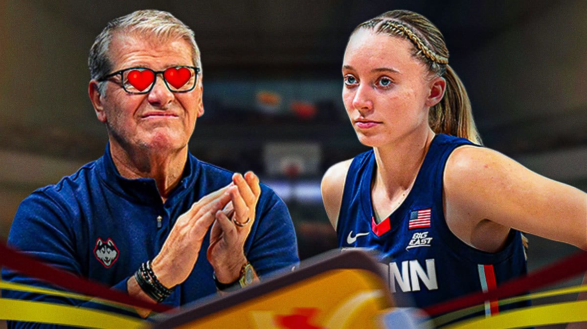 Geno Auriemma with heart eyes looking at Paige Bueckers