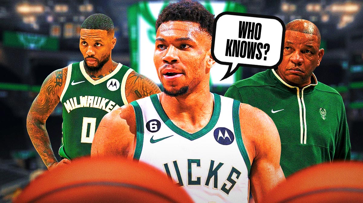 Giannis Antetokounmpo saying "Who knows?" next to Doc Rivers and Damian Lillard