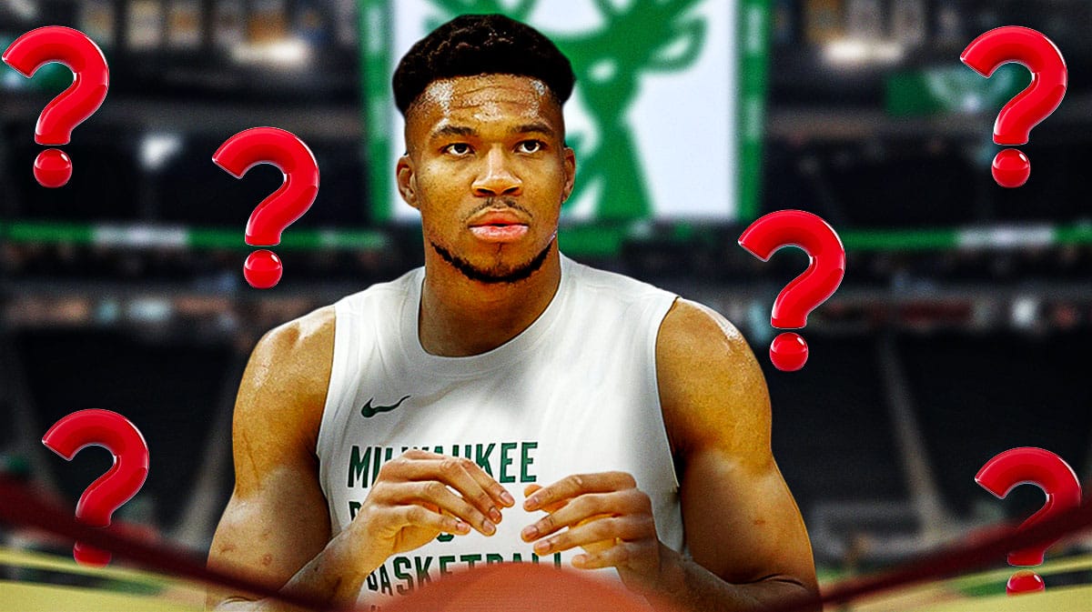 Bucks' power forward Giannis Antetokounmpo with question marks around him.