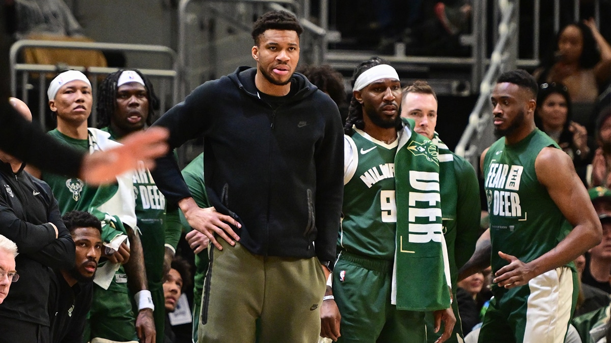Milwaukee Bucks forward Giannis Antetokounmpo (34) watches from the bench in the fourth quarter against the Indiana Pacers during game one of the first round for the 2024 NBA playoffs at Fiserv Forum. 