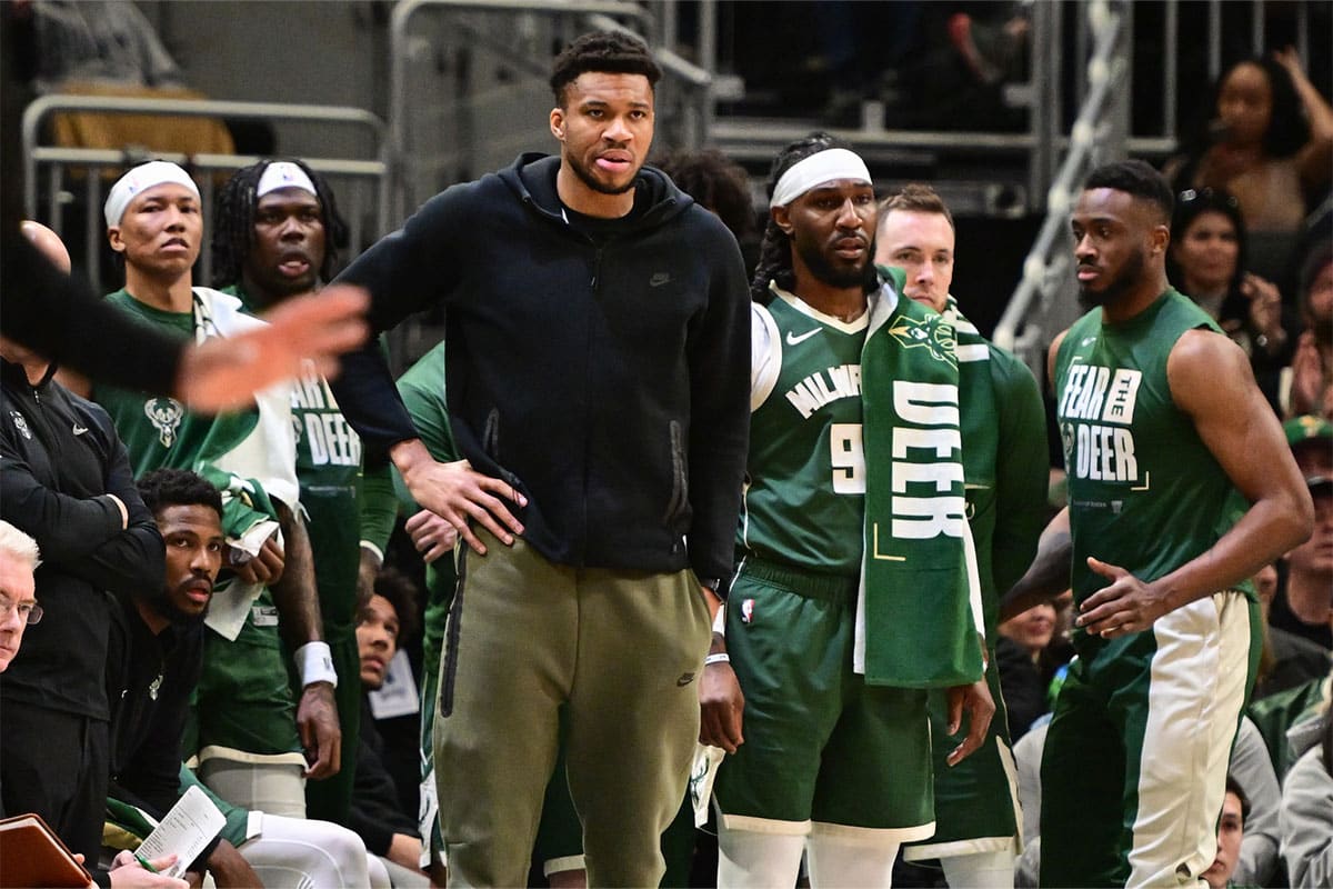 Apr 21, 2024; Milwaukee, Wisconsin, USA; Milwaukee Bucks forward Giannis Antetokounmpo (34) watches from the bench in the fourth quarter against the Indiana Pacers during game one of the first round for the 2024 NBA playoffs at Fiserv Forum. 
