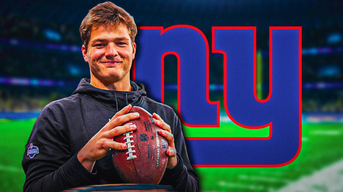 Drake Maye in front of the Giants logo