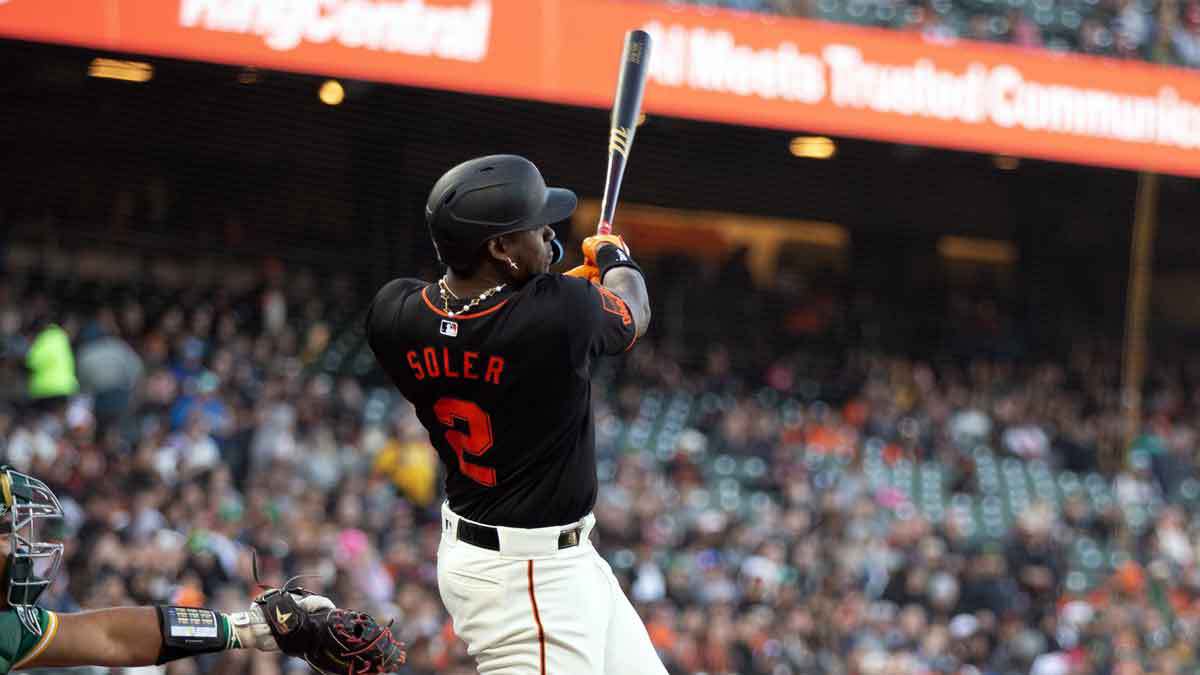 San Francisco Giants designated hitter Jorge Soler (2) follows through on his fly out to center field against the Oakland Athletics during the fourth inning at Oracle Park.