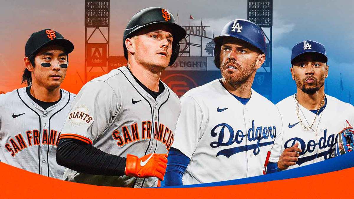 Giants Jung Hoo Lee and Matt Chapman look at Dodgers Freddie Freeman and Mookie Betts