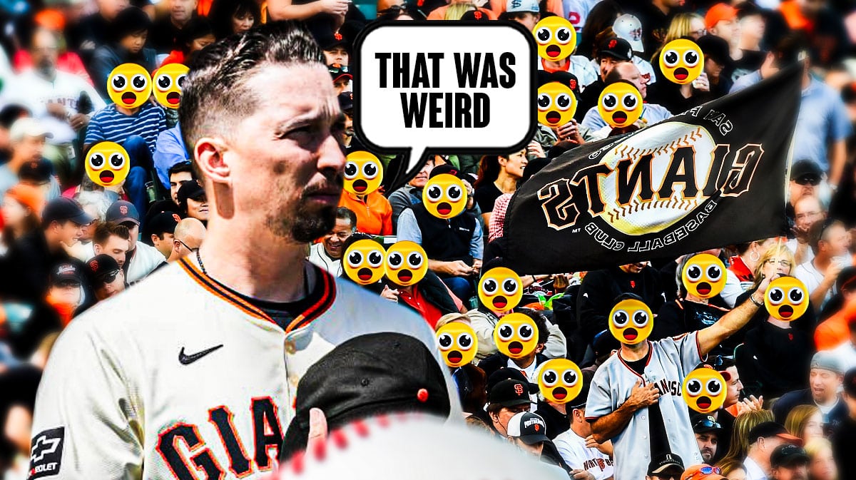 Blake Snell on one side with a speech bubble that says "That was weird" a bunch of San Francisco Giants fans on the other side with the big eyes emoji over their faces
