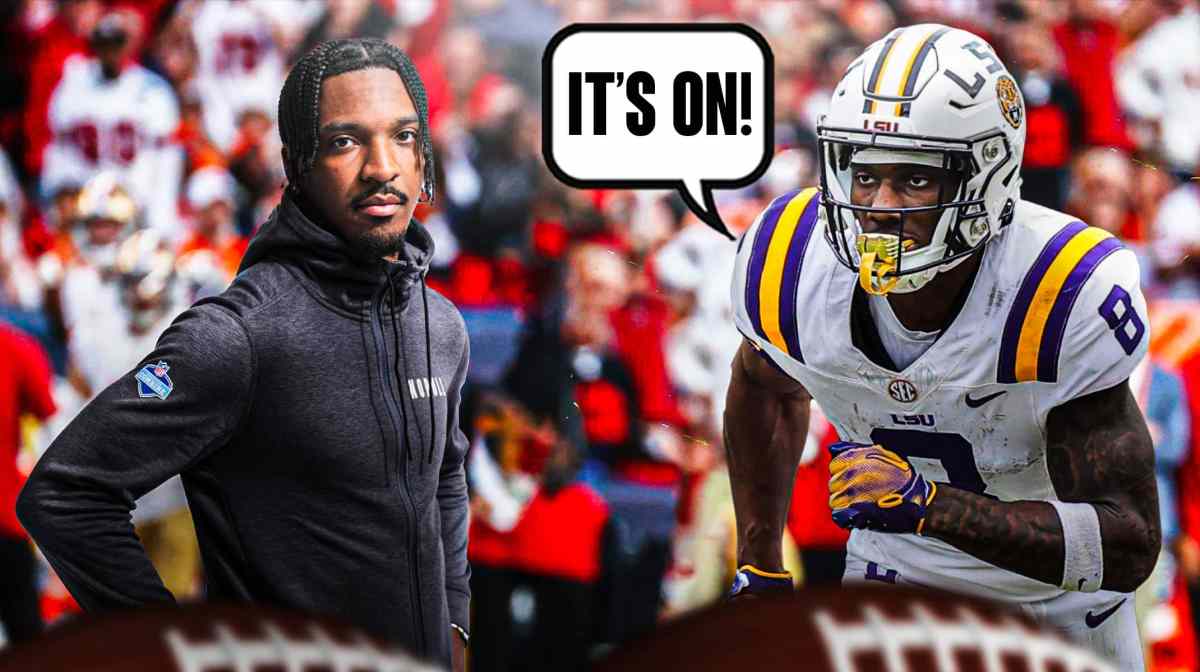 New York Giants wide receiver Malik Nabers next to Washington Commanders quarterback Jayden Daniels. Nabers has a speech bubble that says “It’s on!”