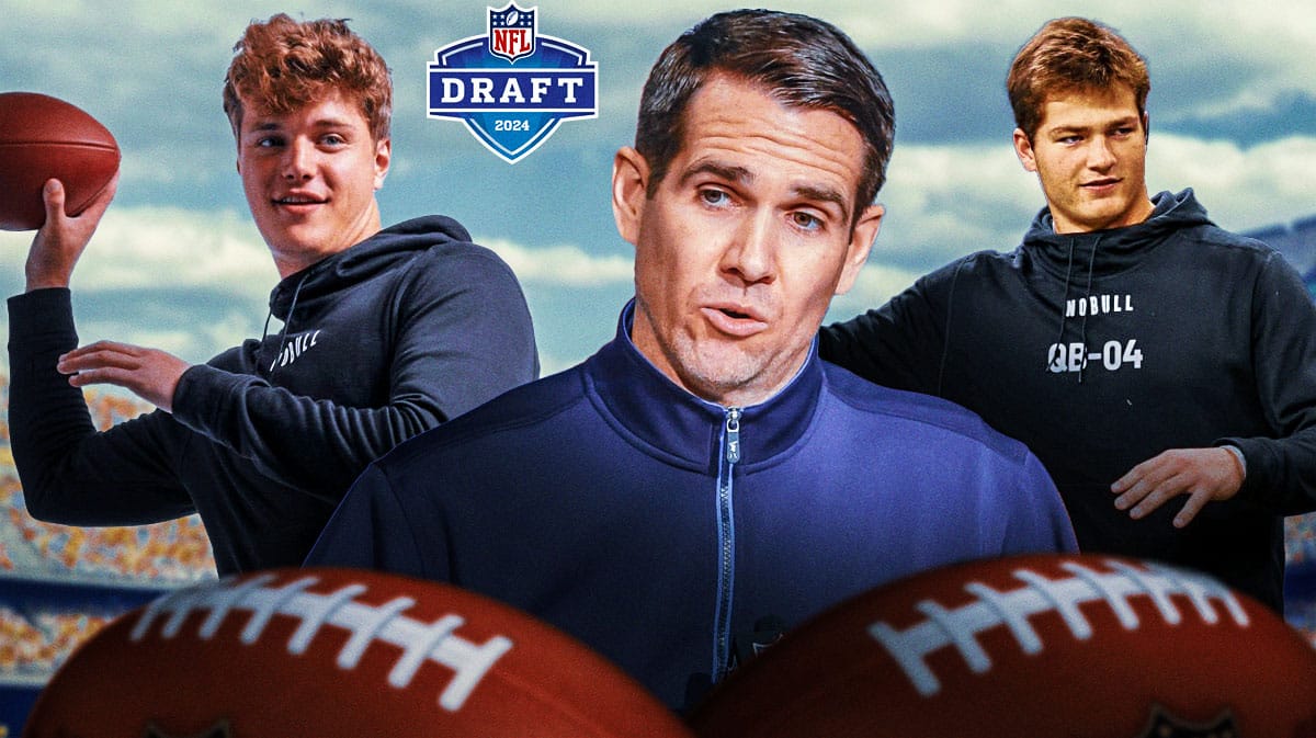 Joe Schoen, Drake Maye, JJ McCarthy. NFL Draft logo in background