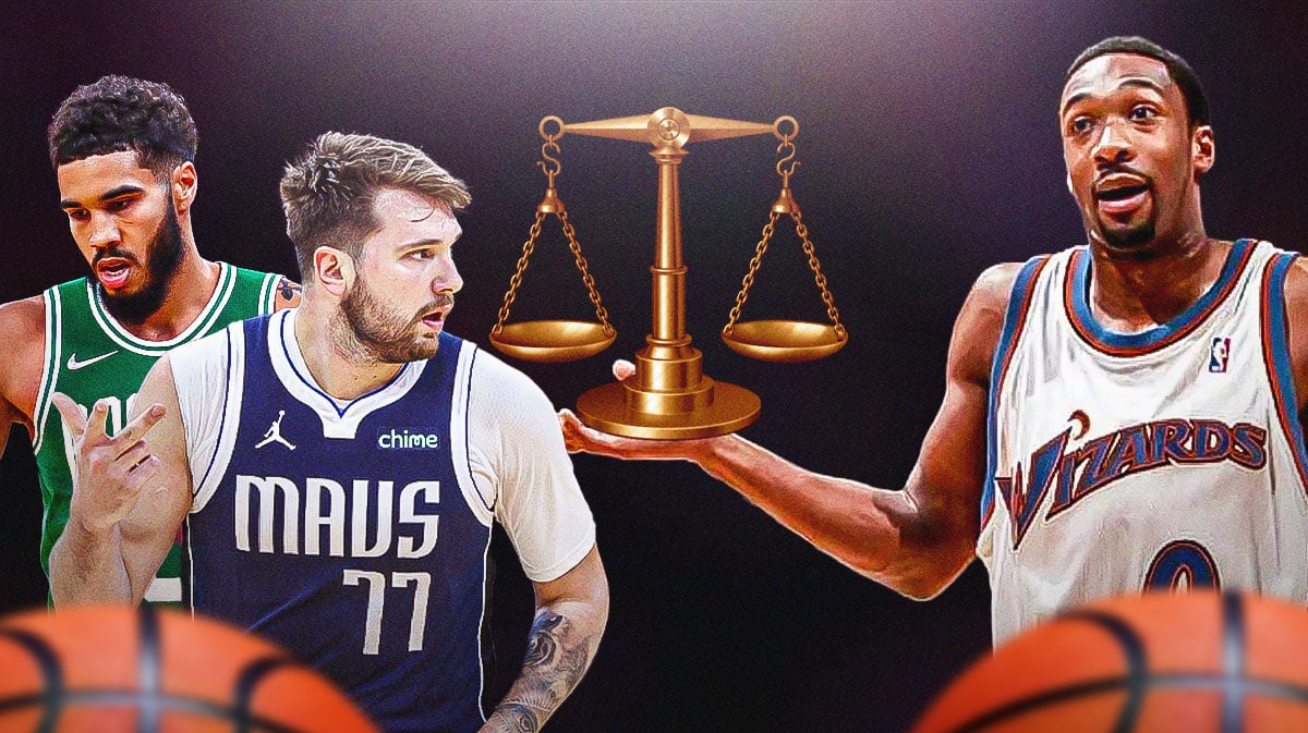 Gilbert Arenas holding a judge's weighing scale, with Celtics' Jayson Tatum and Mavericks' Luka Doncic beside him