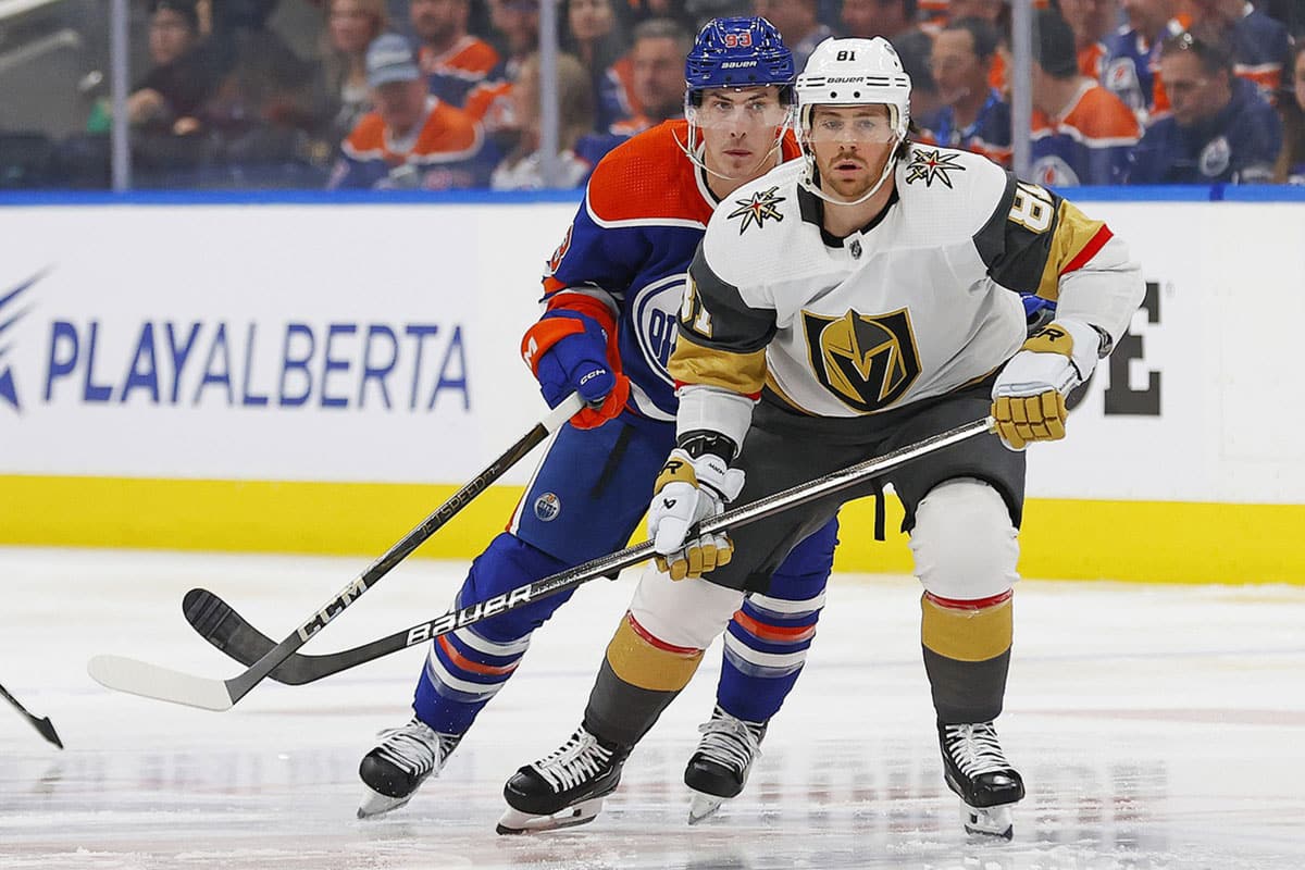 Vegas Golden Knights forward Jonathan Marchessault (81) and Edmonton Oilers forward Ryan Nugent-Hopkins (93)look for a loose puck during the first period at Rogers Place.