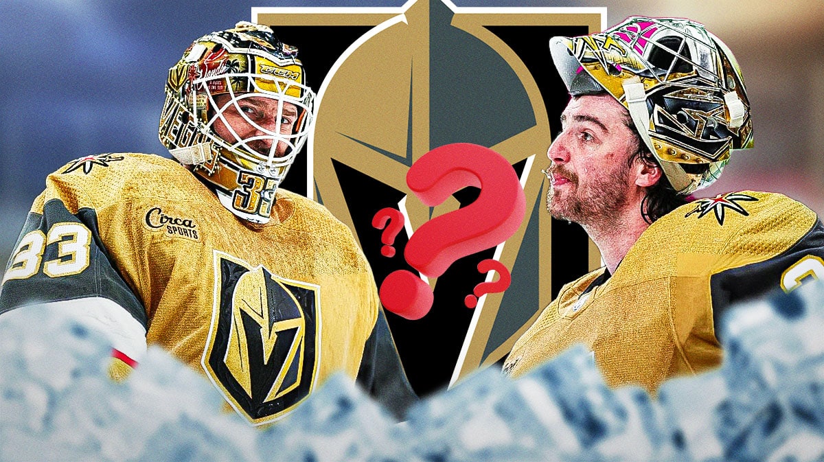 Logan Thompson and Adin Hill both in image, 3-5 question marks in image, hockey rink in background, Vegas Golden Knights logo