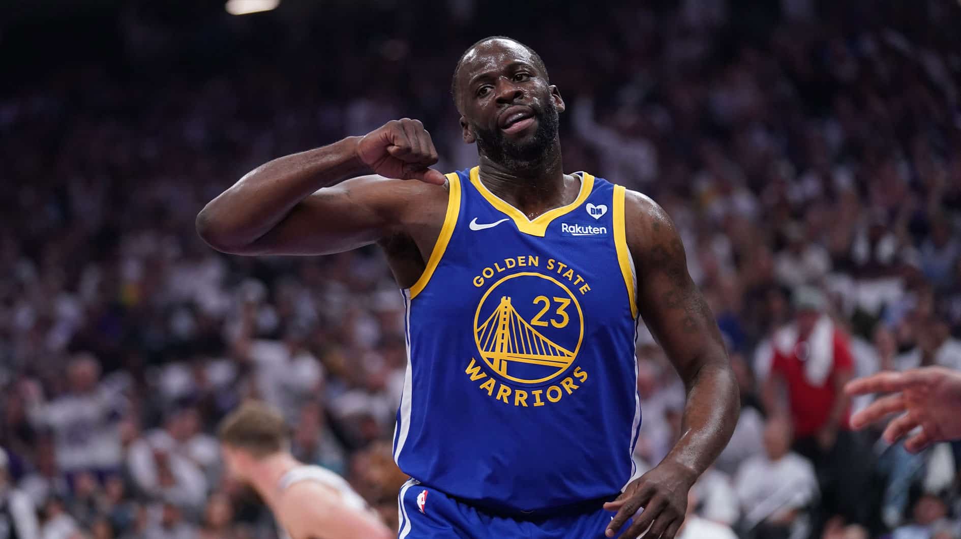 Apr 16, 2024; Sacramento, California, USA; Golden State Warriors forward Draymond Green (23) reacts after a play against the Sacramento Kings in the first quarter during a play-in game of the 2024 NBA playoffs at the Golden 1 Center. Mandatory Credit: Cary Edmondson-USA TODAY Sports