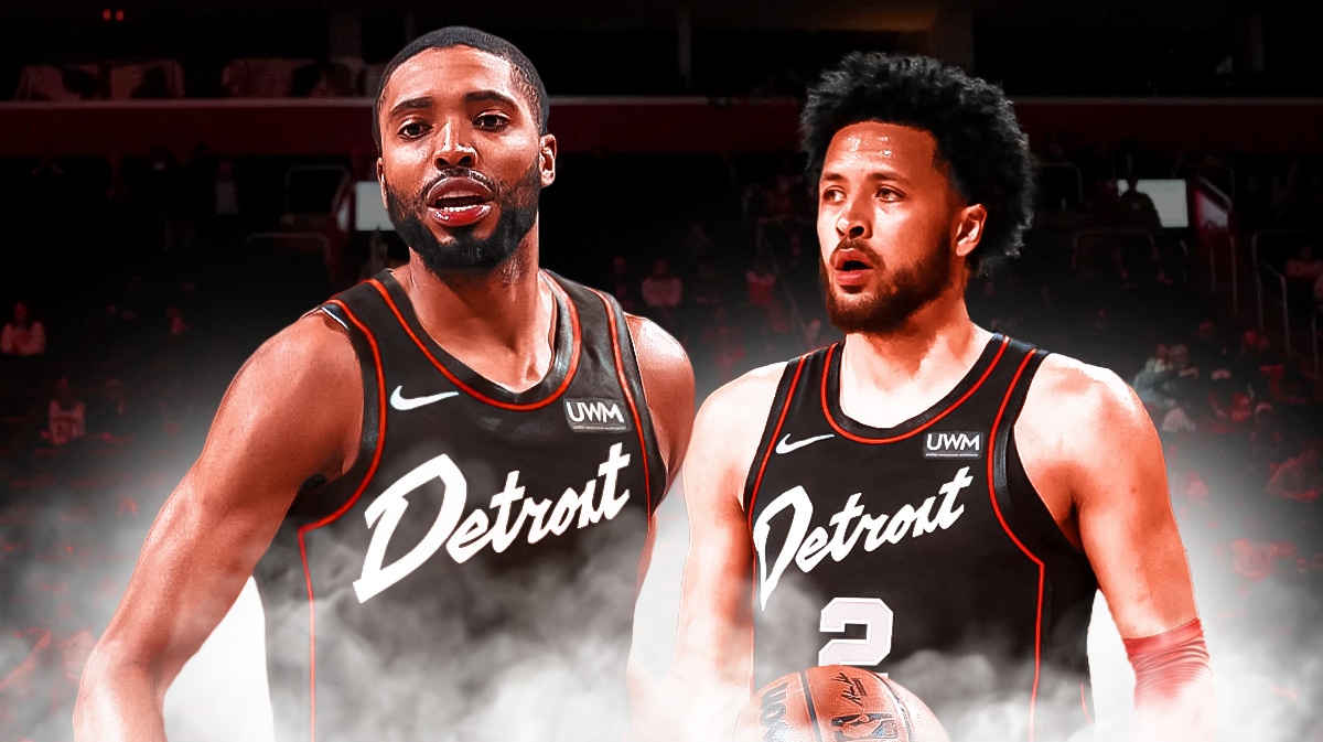 Mikal Bridges in a Pistons jersey with Cade Cunningham