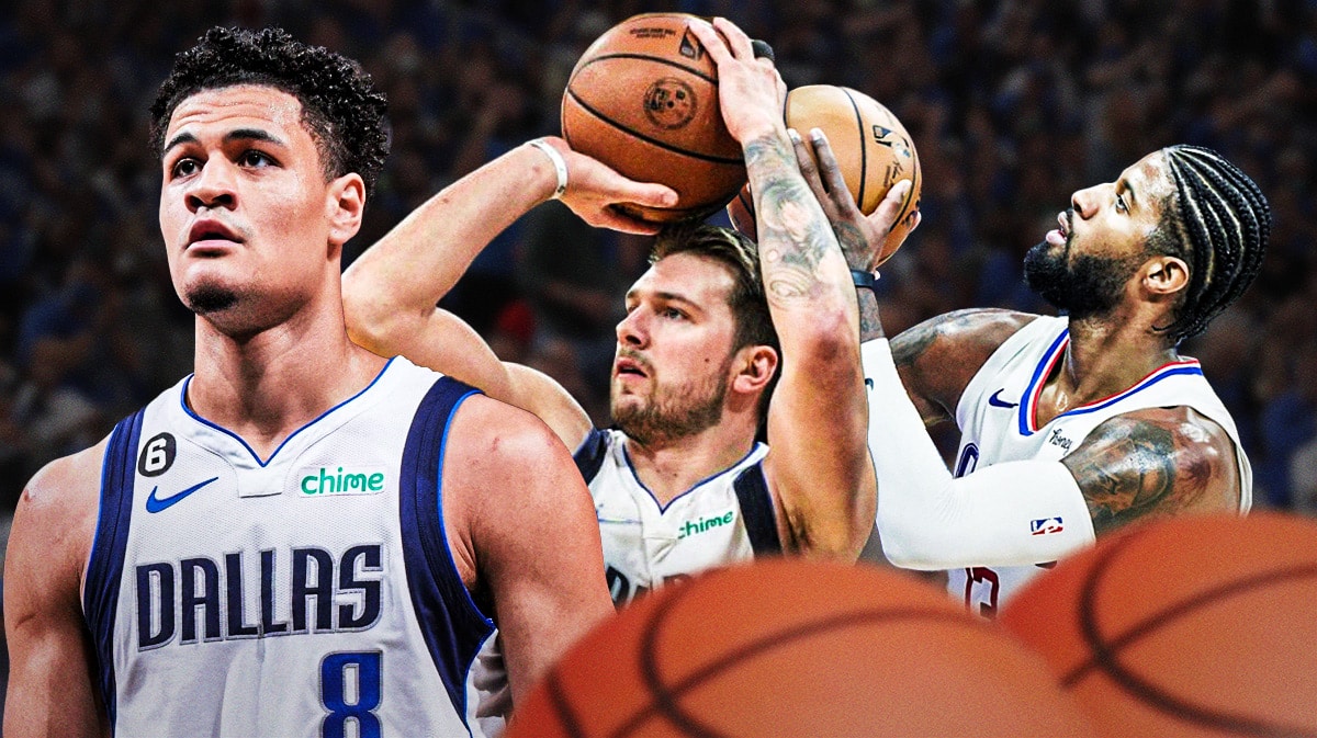 Mavericks' Josh Green on left looking serious. On right, need Mavericks' Luka Doncic shooting a basketball, Clippers' Paul George shooting a basketball.