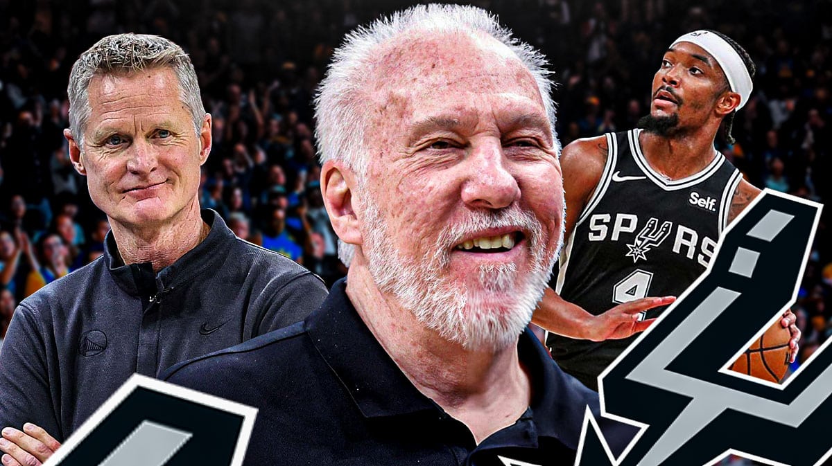 Gregg Popovich (something to indicate he's joking?), Steve Kerr, Devonte' Graham, San Antonio Spurs logo