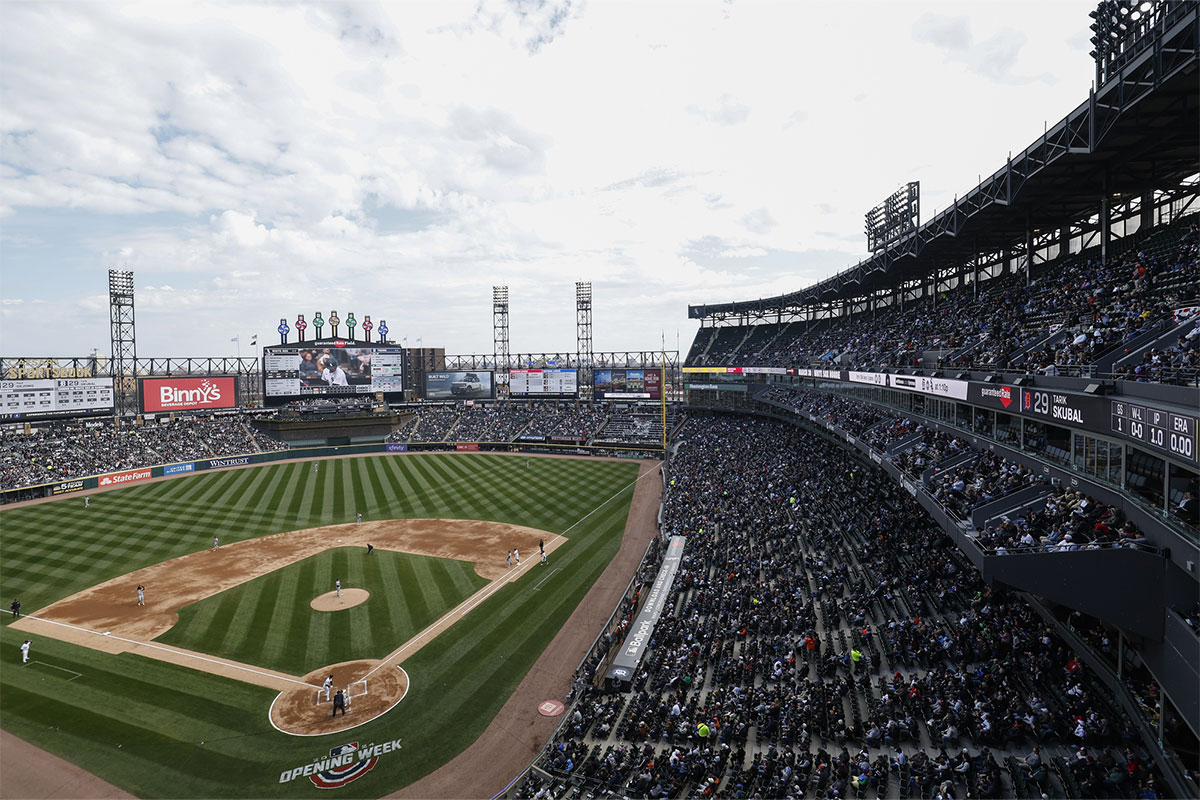 Fans watch during the second inning of the Opening Day game between the Chicago White Sox and Detroit Tigers at Guaranteed Rate Field.