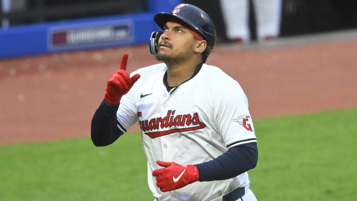 Cleveland Guardians designated hitter Josh Naylor (22) celebrates his two-run home run in the fifth inning against the Oakland Athletics at Progressive Field.