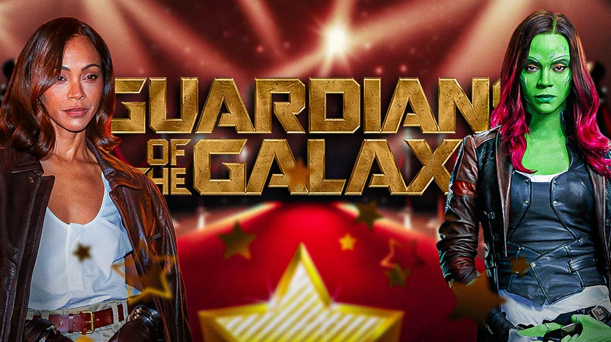Zoe Saldaña next to Gamora and MCU Guardians of the Galaxy logo.