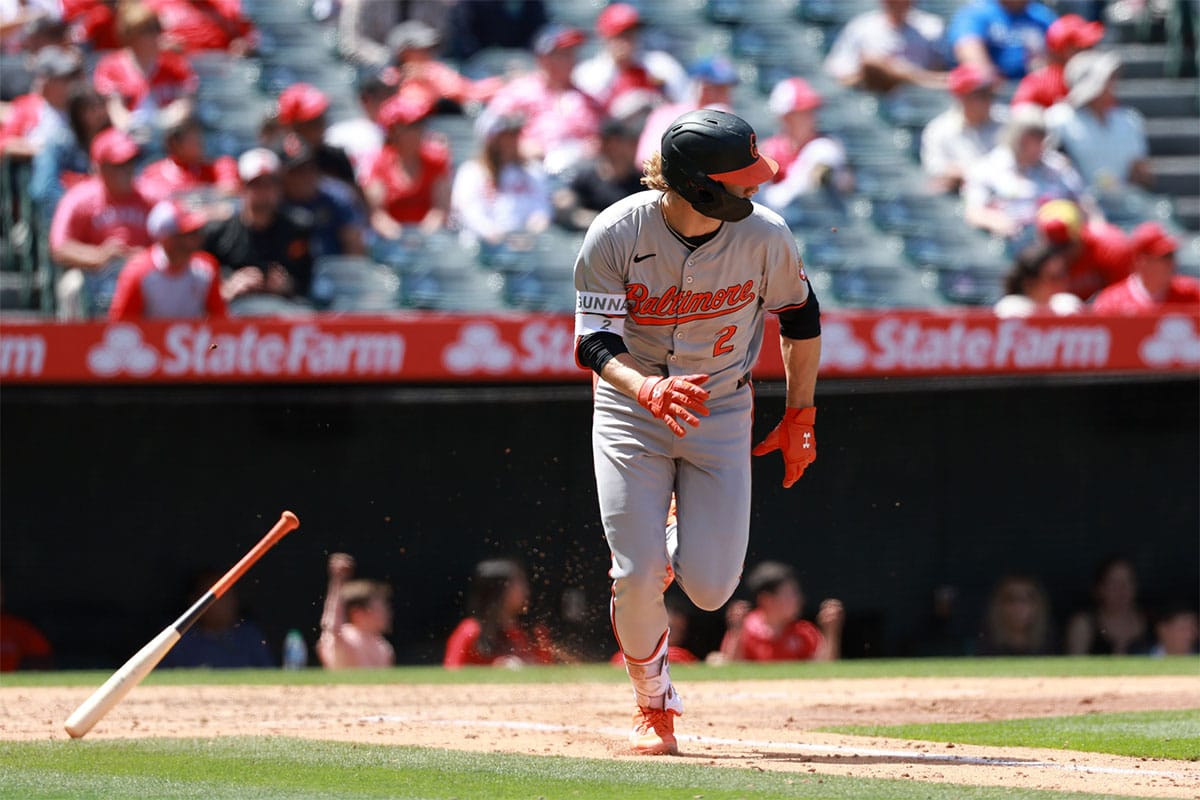 Baltimore Orioles shortstop Gunnar Henderson (2) hits a double during the fifth inning against the Los Angeles Angels at Angel Stadium.