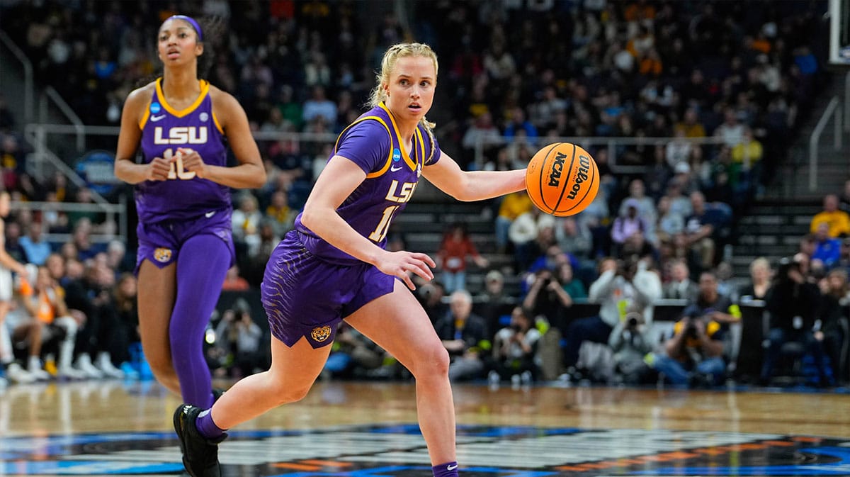LSU Tigers guard Hailey Van Lith (11) dribbles the ball against the UCLA Bruins during the second half in the semifinals of the Albany Regional of the 2024 NCAA Tournament.