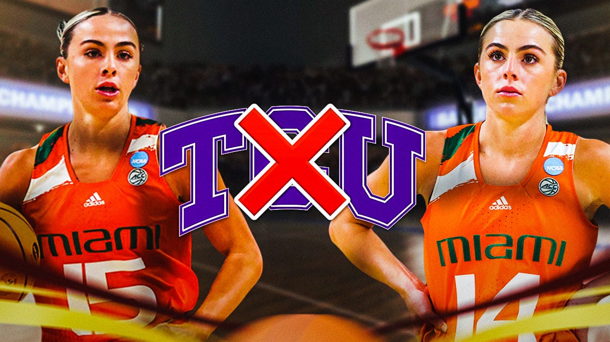 Miami women's basketball players Hanna Cavinder and Haley Cavinder, with the TCU/Texas Christian University logo next to Haley and an X through the TCU logo