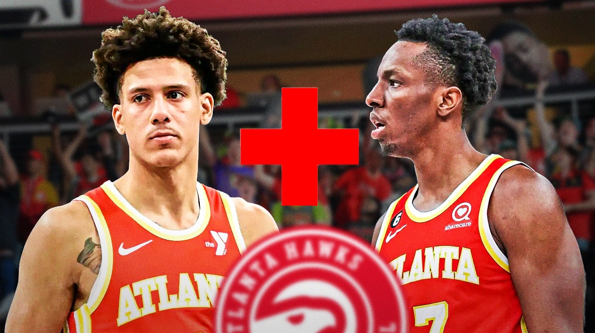 Hawks' Jalen Johnson and Onyeka Okongwu looking sad with the red injury cross beside them