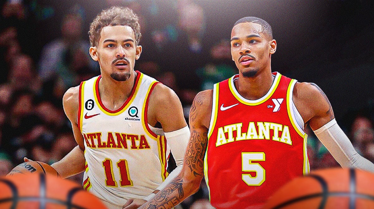 Atlanta Hawks stars Trae Young and Dejounte Murray in front of the State Farm Arena.