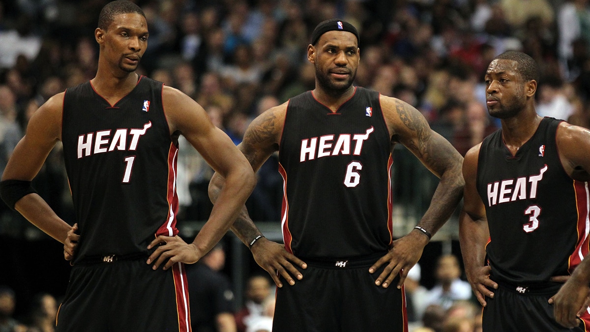 Heat forward Chris Bosh (1) Lebron James (6) guard Dwyane Wade during a break in the action