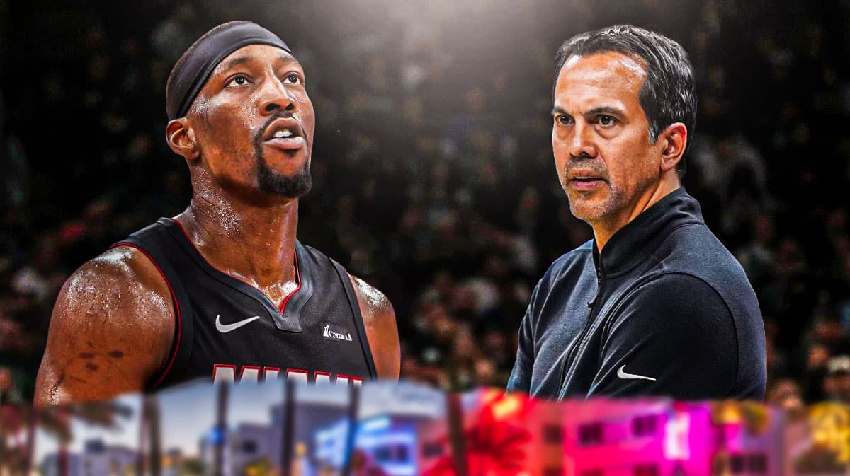 Miami Heat star Bam Adebayo and head coach Erik Spoelstra in front of the Kaseya Center.
