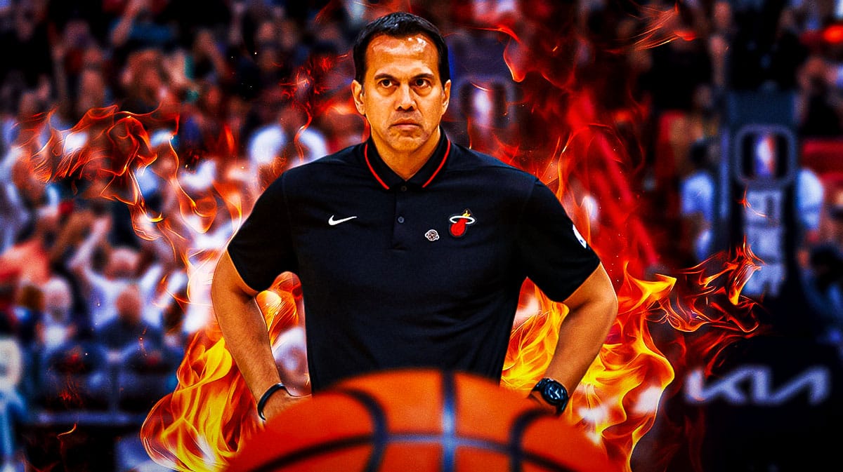 Miami Heat head coach Erik Spoelstra in front of the Kaseya Center.