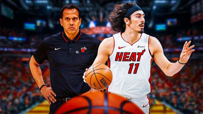 Miami Heat star Jaime Jaquez Jr. and head coach Erik Spoelstra in front of the Kaseya Center.