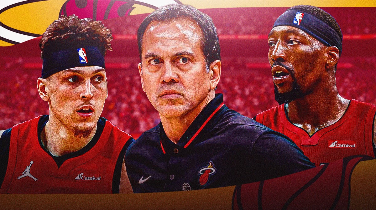 Miami Heat head coach Erik Spoelstra near stars Tyler Herro and Bam Adebayo.