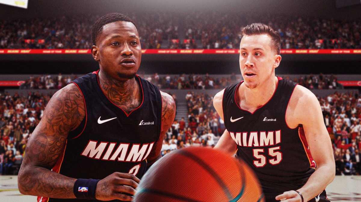Miami Heat stars Terry Rozier and Duncan Robinson in front of the Kaseya Center.