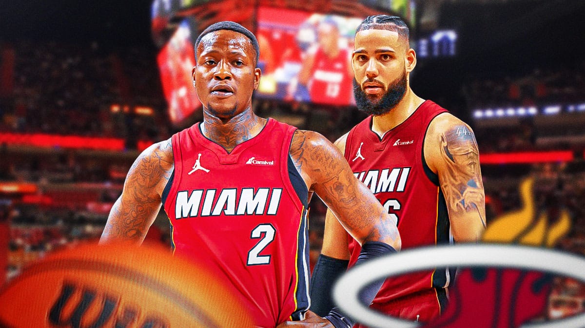 Miami Heat stars Terry Rozier and Caleb Martin in front of the Kaseya Center.