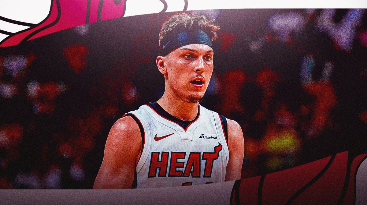 Miami Heat star Tyler Herro in front of the Kaseya Center.