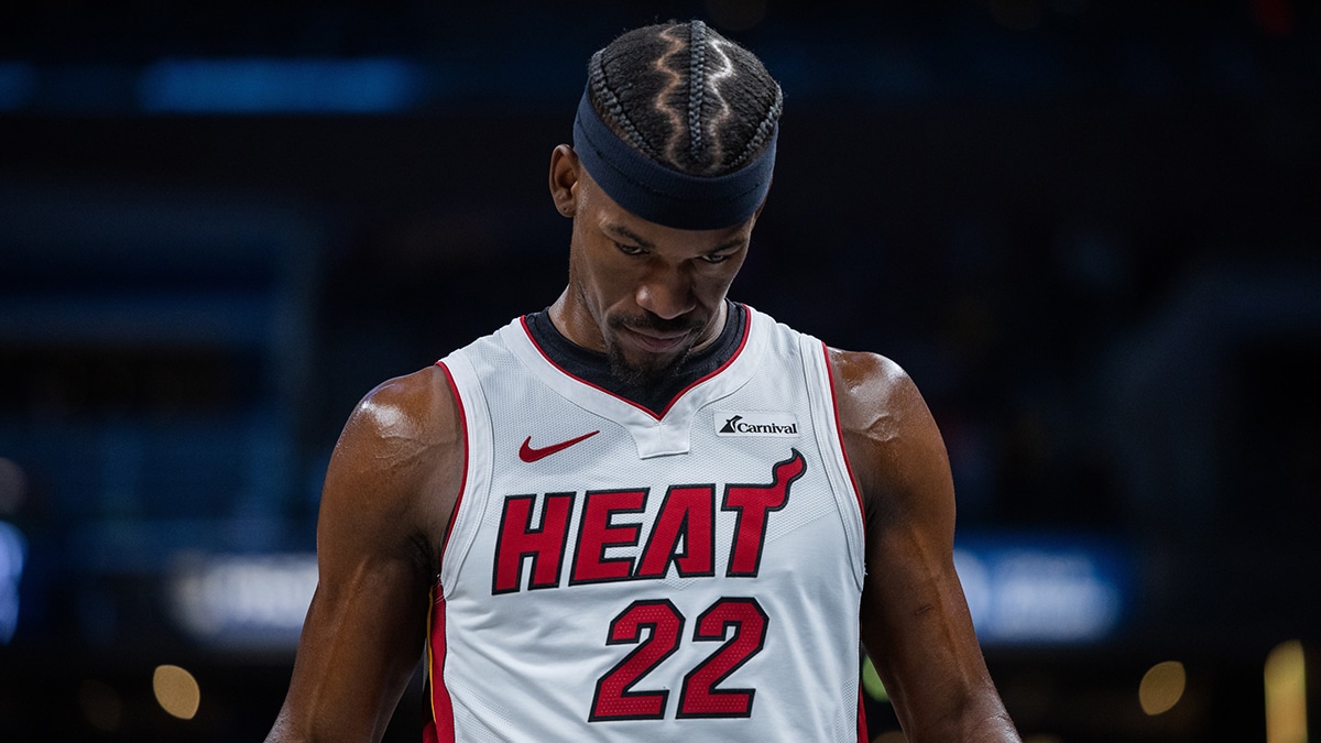 Miami Heat forward Jimmy Butler (22) walks down the court in the second half against the Indiana Pacers at Gainbridge Fieldhouse.