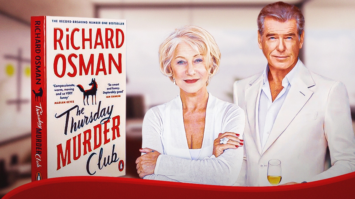 Richard Osman's The Thursday Murder Club book cover, Helen Mirren, Pierce Brosnan