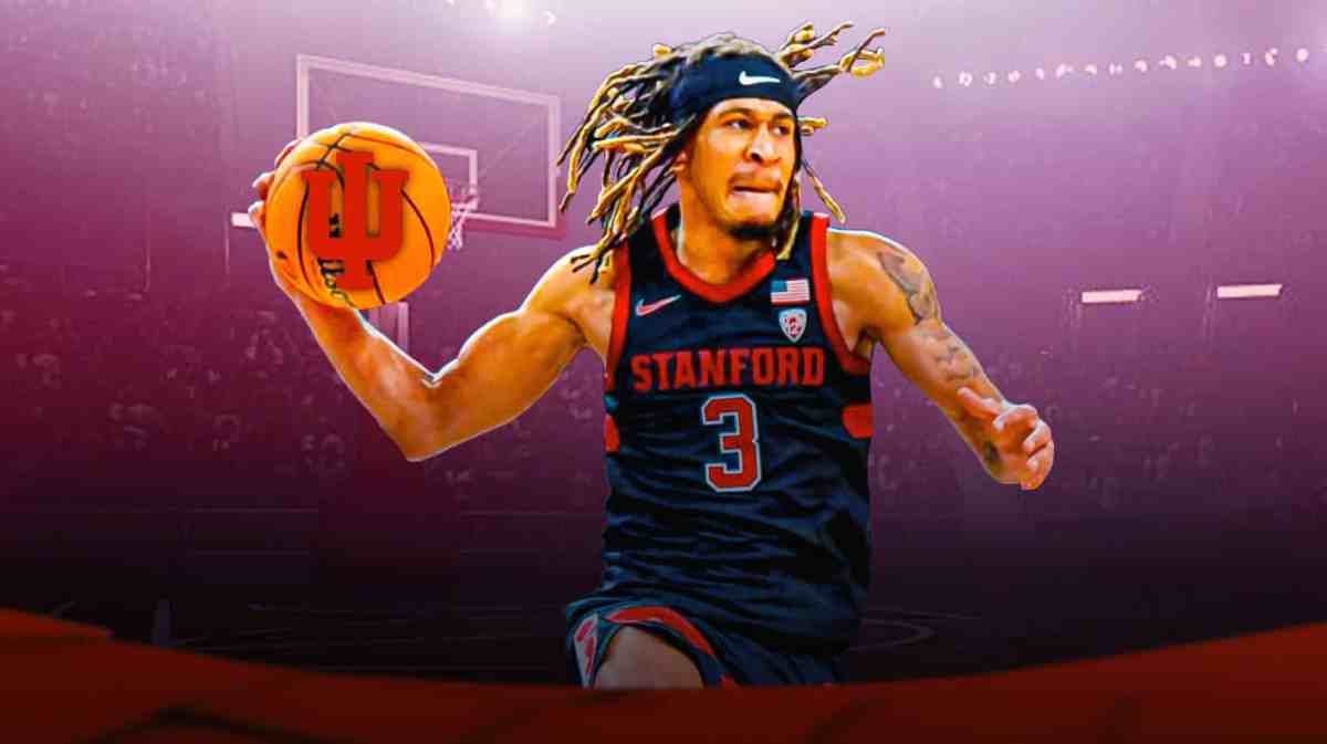Kanaan Carlyle (Stanford) shooting or passing the ball, but put Indiana basketball (Hoosiers) logo on the ball