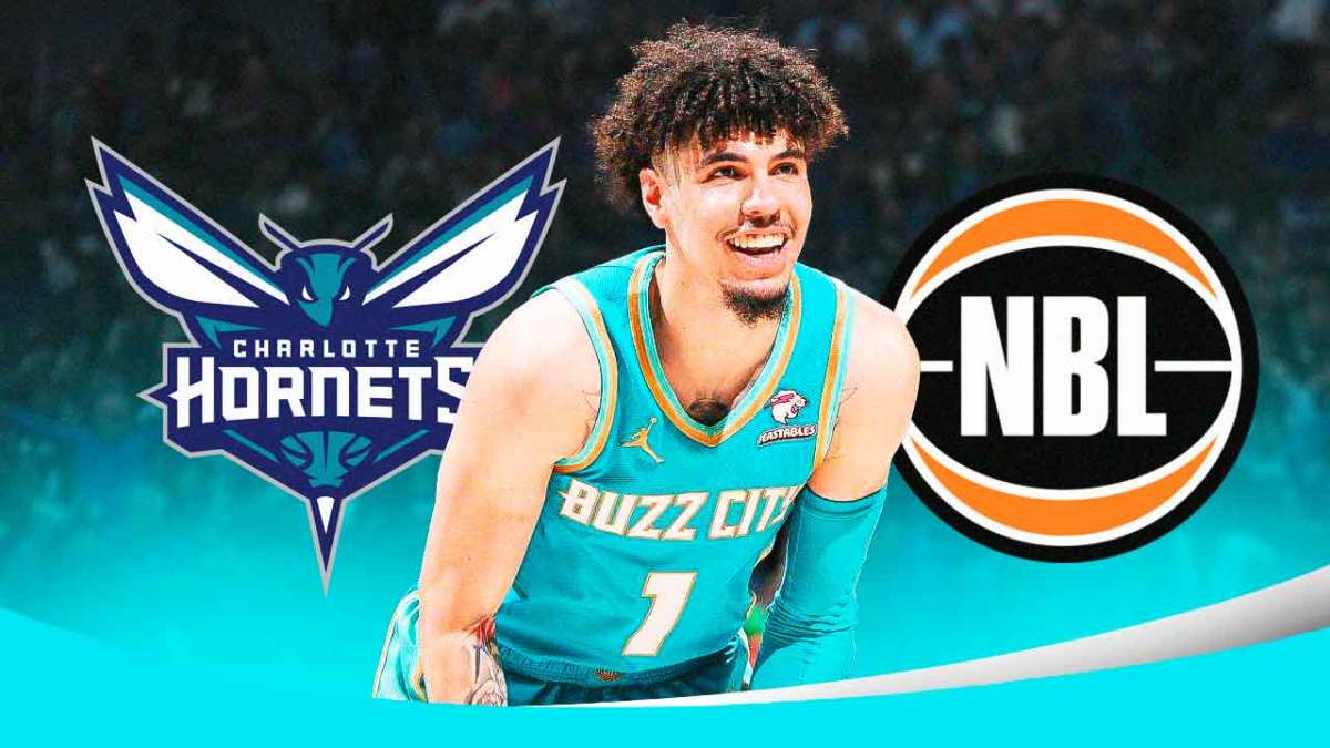 Hornets' LaMelo Ball smiles in jersey next to National Basketball League (NBL) jersey