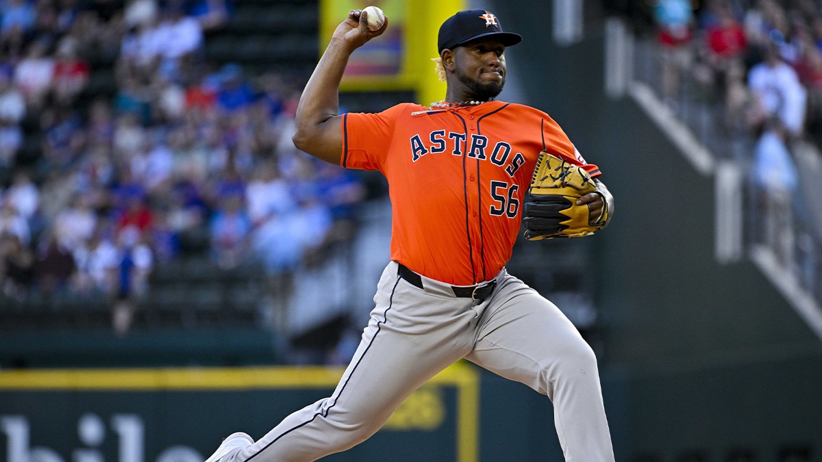 Houston Astros starting pitcher Ronel Blanco (56) pitches against the Texas Rangers during the first inning at Globe Life Field. 