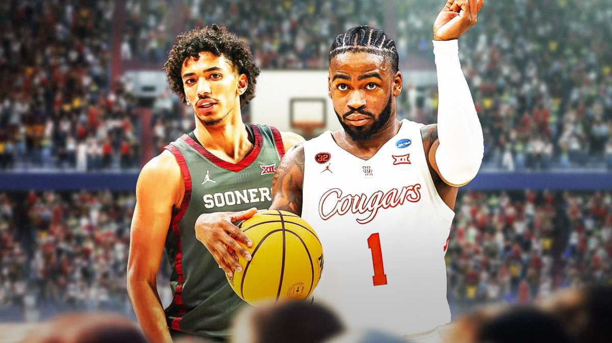 Houston basketball, Cougars, Milos Uzan, transfer portal, Milos Uzan Houston, Milos Uzan and Jamal Shead with Houston basketball arena in the background