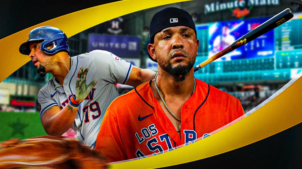 Astros' Jose Abreu in front looking down/serious. In background, Astros' Jose Abreu swinging a baseball bat.